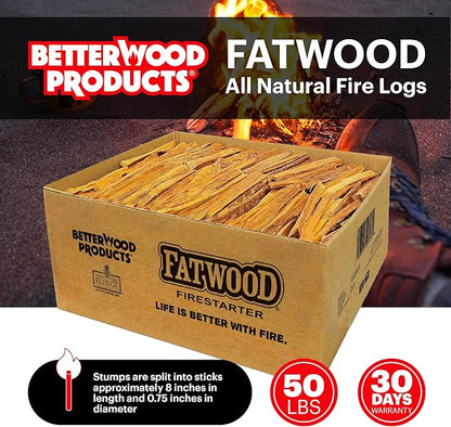 Better Wood Products Fatwood Fire Starter Sticks, Fireplace & Campfires, 50 Lbs - Firewood Starters for Indoor and Outdoor Use - Ideal for BBQ, Camping, Stove, Pit and Chimney