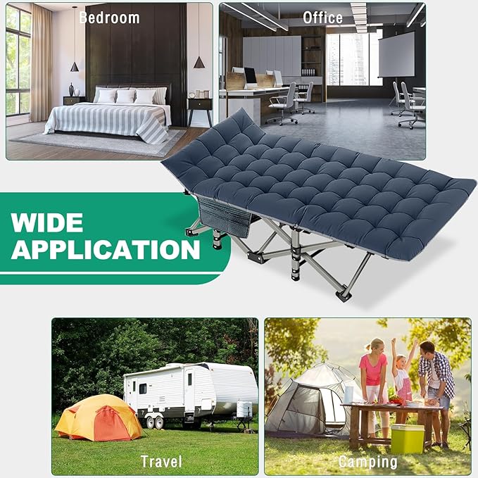 LILYPELLE Folding Camping Cot, Extra Wide Heavy Duty Sleeping Cots with Carry Bag, Double Layer Oxford Portable Travel Camp Cots for Home, Office Nap and Outdoor Beach