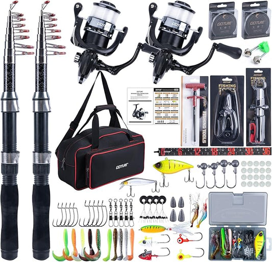 Goture Fishing Rod and Reel Combos-2PCS Telescopic Fishing Pole+2PCS Pre-Loaded Spinning Reels with Carrier Bag,1.8M-2.7M Telescopic Rod Reel Kit for Starter Travel Saltwater Freshwater,Gifts for Men