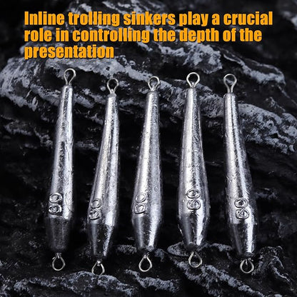 Through Wire Inline Torpedo Sinkers, Lead Double Ringed One Piece Wire Saltwater Fishing Torpedo Weights for Bottom Surf Fishing 1oz, 2oz, 3oz, 4oz, 5oz