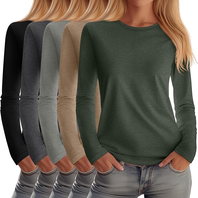Huukeay 5 Pack Women's Crew Neck Long Sleeve Shirts, Cotton Blend Casual Clothes Workout Basic Layering Tee Tops Multipack
