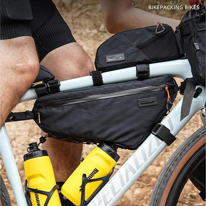 Rhinowalk BHD0018 Bike Frame Triangle Bag 2.9L, Waterproof Storage Bag with YKK Zippers, Cable Port & Pump Holder, Fits Hydration Pack – Black