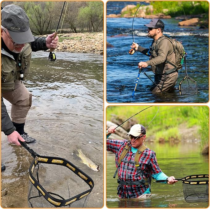 PLUSINNO Floating Fishing Net for Steelhead, Salmon, Fly, Kayak, Catfish, Bass, Trout Fishing, Rubber Coated Landing Net for Easy Catch & Release, Compact & Foldable for Easy Transportation & Storage