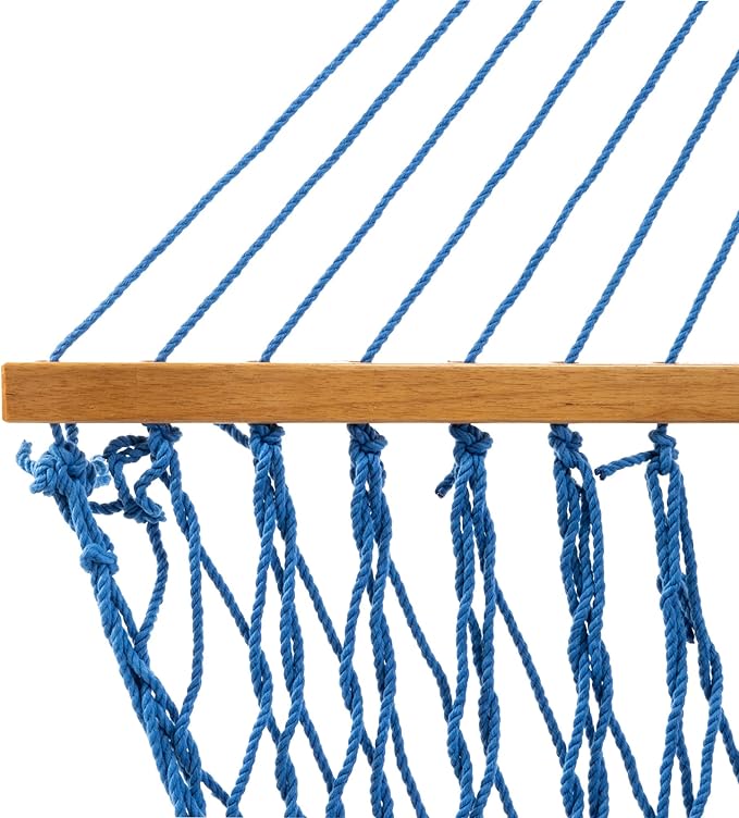 Original Pawleys Island Large Coatal Blue DuraCord Rope Hammock – 13 ft. x 55 in., 2-Person, 450 lb Capacity, Oak Spreader Bar, Zinc-Plated Hardware, Handcrafted in The USA