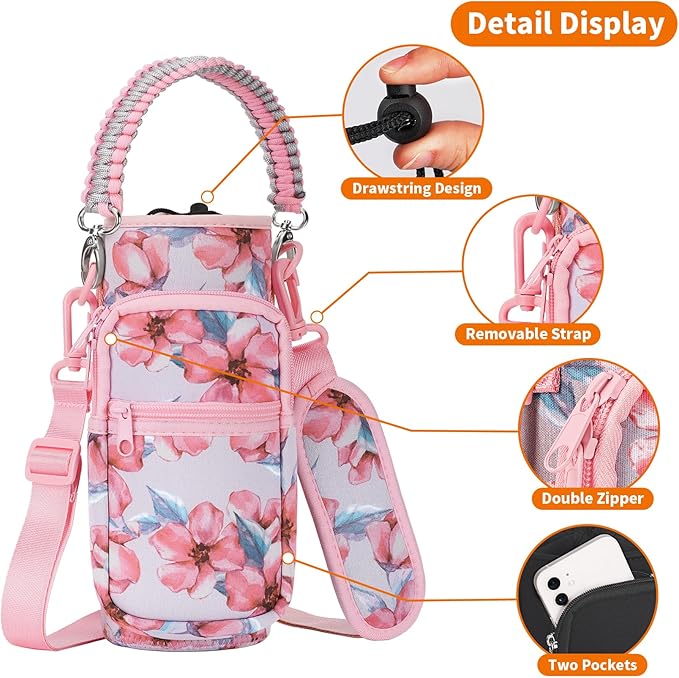 32/40/64/128 oz Neoprene Insulated Water Bottle Carrier Bag, Sling Bag Sleeve Pouch Holder with Strap & Paracord Handle and 2 Pocket for Travelling, Hiking, Camping