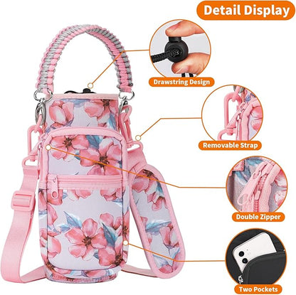 32/40/64/128 oz Neoprene Insulated Water Bottle Carrier Bag, Sling Bag Sleeve Pouch Holder with Strap & Paracord Handle and 2 Pocket for Travelling, Hiking, Camping