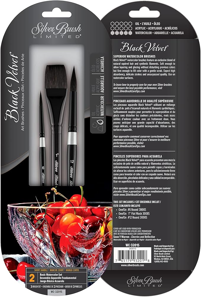 Silver Brush Limited WC-3201S Black Velvet Basic Watercolor Set, Set of 3, Size 1 Inch Flat Wash, and Sizes 6 and 12 Round Paintbrushes, Short Handle