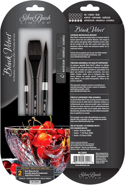 Silver Brush Limited WC-3201S Black Velvet Basic Watercolor Set, Set of 3, Size 1 Inch Flat Wash, and Sizes 6 and 12 Round Paintbrushes, Short Handle