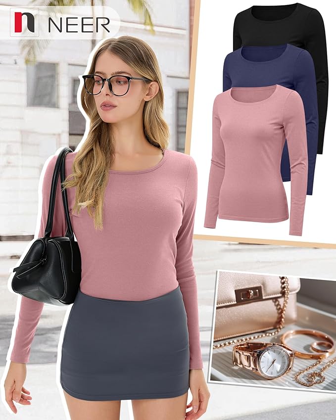 Neer 3 Pack Women's Thermal Shirts Long Sleeve Crew Neck Fleece Lined Undershirts Slim Fit Basic Tops Winter Base Layer