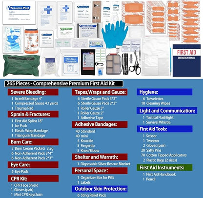 Professional Trauma First Aid Kit - Military-Grade Labelled Compartments & MOLLE System for Workplace, Outdoor, Car, Boat, Hurricane Emergencies 265 Piece Emergency Necessities Kits