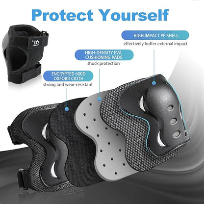 Kids/Youth/Adult Knee Pads Elbow Pads with Wrist Guards Protective Gear Set 6 Pack for Roller Skating Skateboard Cycling Skating Bike Scooter Riding Sports