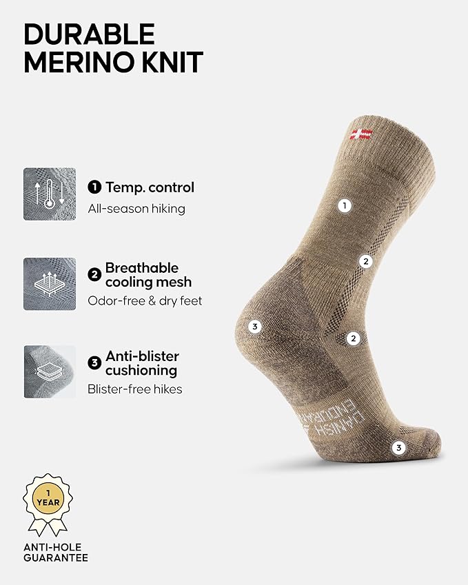 DANISH ENDURANCE Merino Wool Hiking Crew Socks for Men & Women, Cushioned Anti-Blister, Breathable - 3 Pairs