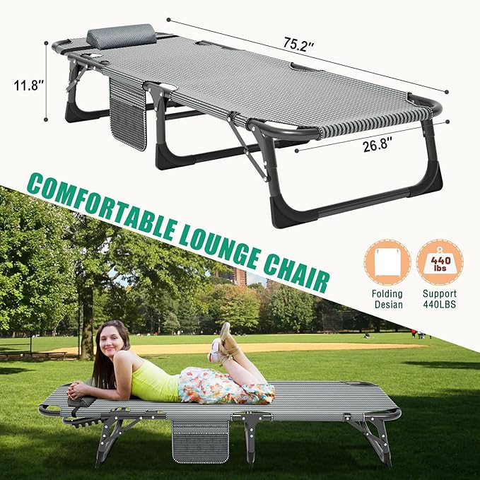 LILYPELLE Folding Outside Chaise Lounge Chair with Mattress, 5 Position Adjustable Patio Reclining Chairs Perfect for Outside, Sunbathing, Camping, Pool, Beach, Grey