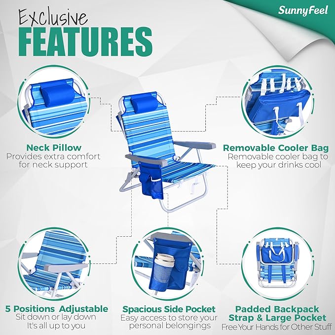 SUNNYFEEL Beach Chairs for Adults 2 Pack 5 Position Lay Flat, Portable Folding Backpack Beach Chair Heavy Duty with Cooler Bag, Cup Holder for Outdoor/Lawn/Picnic, Foldable Camping Chair
