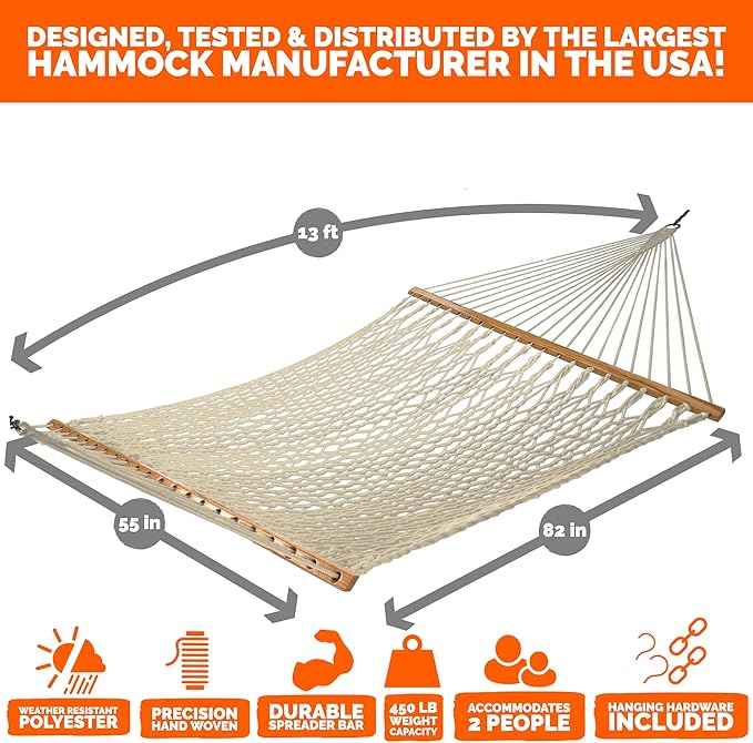 Castaway Living 13 ft. Double Traditional Hand Woven Oatmeal Polyester Rope Hammock – 2-Person, 450 lb Capacity, Free Extension Chains & Tree Hooks, Designed in The USA