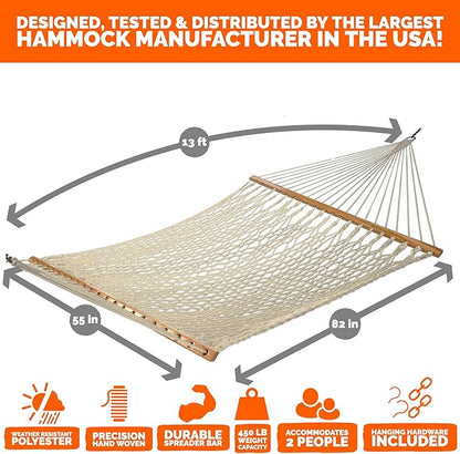 Castaway Living 13 ft. Double Traditional Hand Woven Oatmeal Polyester Rope Hammock – 2-Person, 450 lb Capacity, Free Extension Chains & Tree Hooks, Designed in The USA