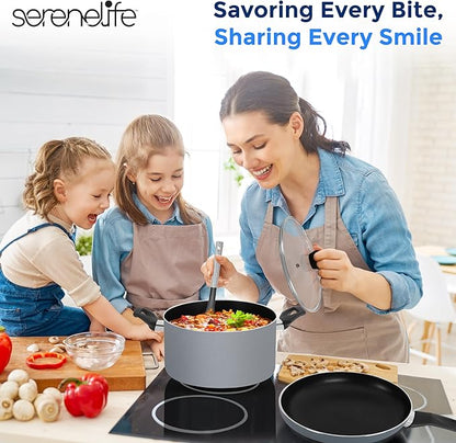 SereneLife Kitchenware Pots & Pans Basic Kitchen Cookware, Black Non-Stick Coating Inside, Heat Resistang Lacquer (11 Piece set), One Size, Gray