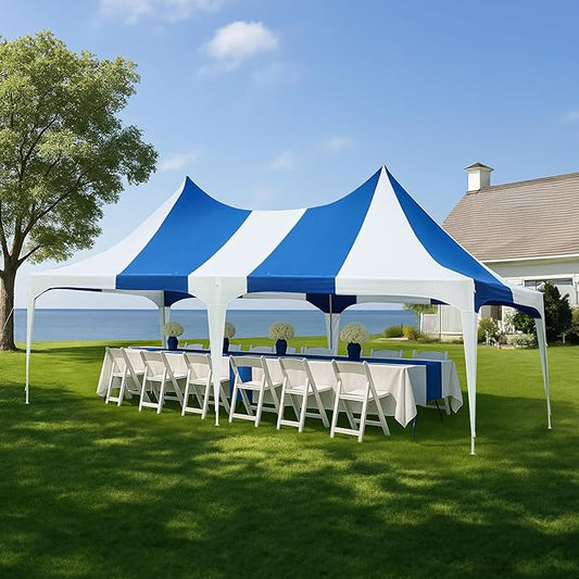 EROMMY 13x26ft Party Tent, Heavy Duty Double Peaked Canopy with Pole-Less Event Space, 60 Person Capacity Wedding Tent for Party & Event, White & Blue