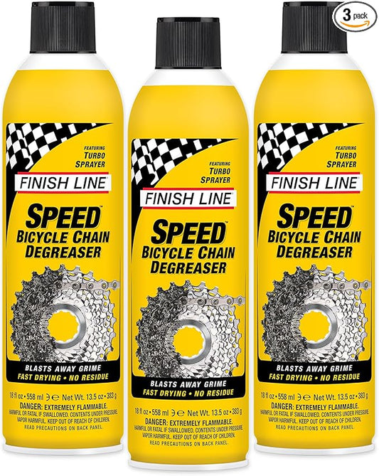 Finish Line Speed Bike Degreaser – Powerful Dry Formula for Bicycle Chains, Gears, and Disc Brakes, Turbo Spray Cleans Fast, Evaporates with No Residue, 18 oz, 3 Pack