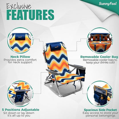 SUNNYFEEL Low Beach Chair 5 Position Lay Flat, Portable Folding Backpack Beach Chairs Heavy Duty with Cooler Bag, Cup Holder for Outdoor/Lawn/Trip/Picnic/Fishing, Foldable Camping Chair