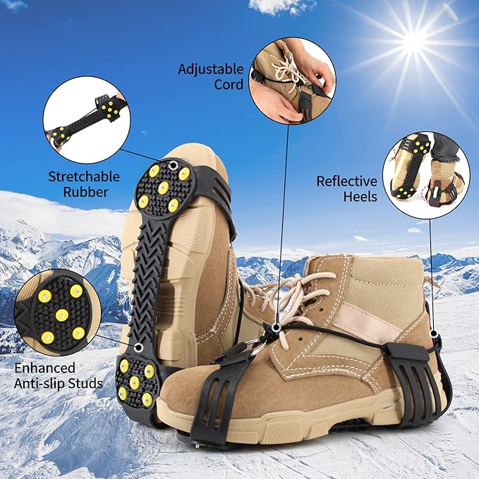 Ice Cleats Snow Grips, Non-Slip Traction Crampons 10 Steel Studs with Extra 20 Replacement Studs, for Shoes/Boots, Snow Ice Walking