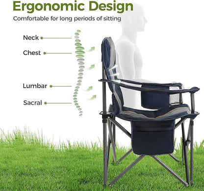 ALPHA CAMP Oversized Camping Chair Heavy Duty Lawn Chair with Cooler Bag Support 450 LBS Steel Frame Collapsible Padded Arm Quad Lumbar Back Folding Chair for Lawn Outdoor