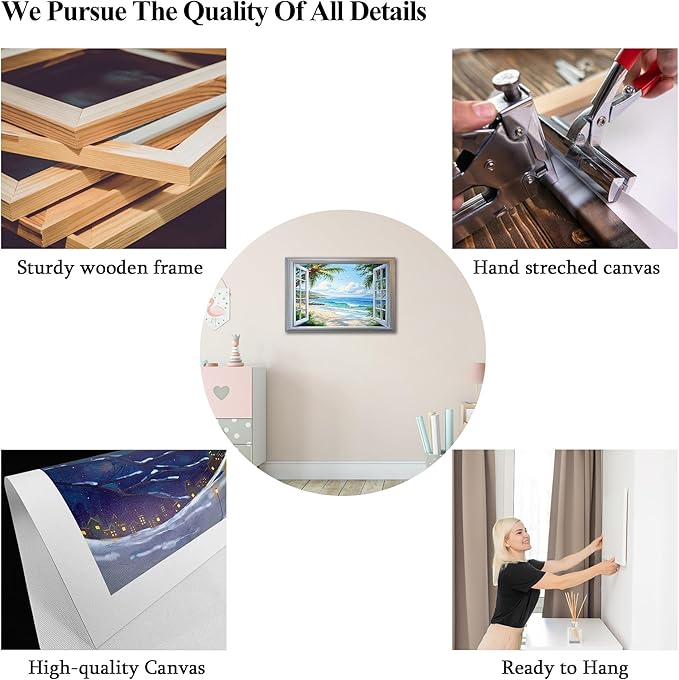 ANRUOXI Beach Wall Art, Blue Ocean Canvas Prints Wall Decor, Window Frame Style Sea Canvas Wall Decor, Ocean Seaside Painting, Nature Coastal Landscape Framed Artwork for Living Room Office 24x36 Inch