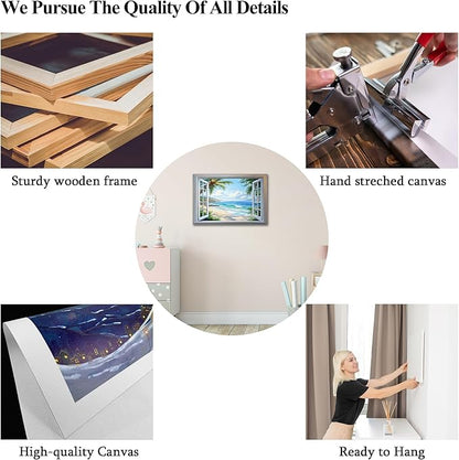 ANRUOXI Beach Wall Art, Blue Ocean Canvas Prints Wall Decor, Window Frame Style Sea Canvas Wall Decor, Ocean Seaside Painting, Nature Coastal Landscape Framed Artwork for Living Room Office 24x36 Inch