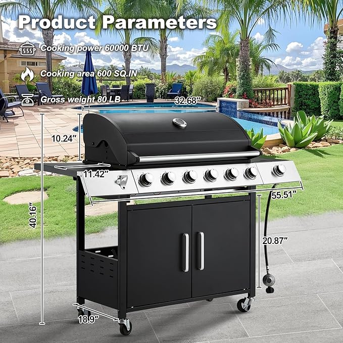 MELLCOM Upgraded 60,000 BTU Stainless Steel Burner Barbecue Grill, 6 Burner BBQ Propane Gas Grill with Side Stove & Cast Iron Grates for Patio, Camping, Outdoor Cooking