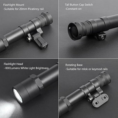 NOBUHIRO M600B 600 Lumens Tactical Flashlight, NO Logo Version with Replaceable Mounting Rotating Base for 20mm Picatinny & Mlok/Keymod Rail, with Remote Pressure & Push Button Switch