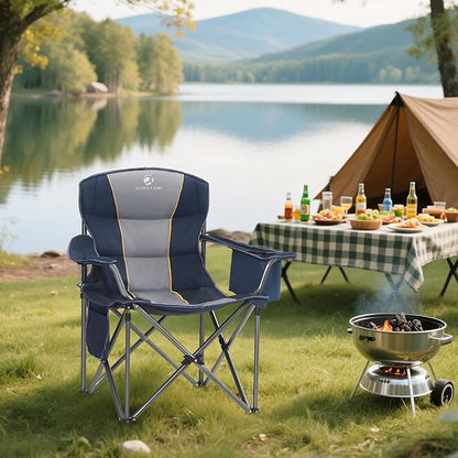 ALPHA CAMP Oversized Camping Chair Heavy Duty Lawn Chair with Cooler Bag Support 450 LBS Steel Frame Collapsible Padded Arm Quad Lumbar Back Folding Chair for Lawn Outdoor