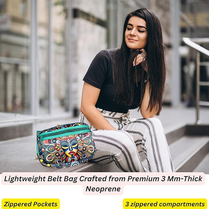 Yewande&co Neoprene Fanny Pack Belt Bag – Lightweight Waterproof Waist Bag with Adjustable Strap, 3 Zippered Pockets, Crossbody Belt Bag for Travel, African Design Crossbody Bags (Mask)