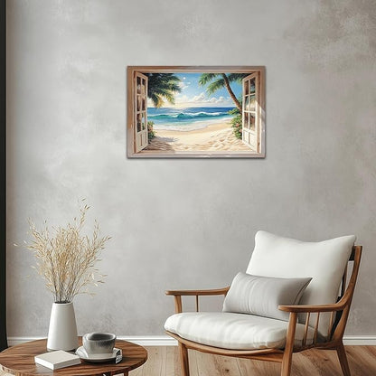 ANRUOXI Beach Wall Art, Blue Ocean Canvas Prints Wall Decor, Window Frame Style Sea Canvas Wall Decor, Ocean Seaside Painting, Nature Coastal Landscape Framed Artwork for Living Room Office 18x24 Inch