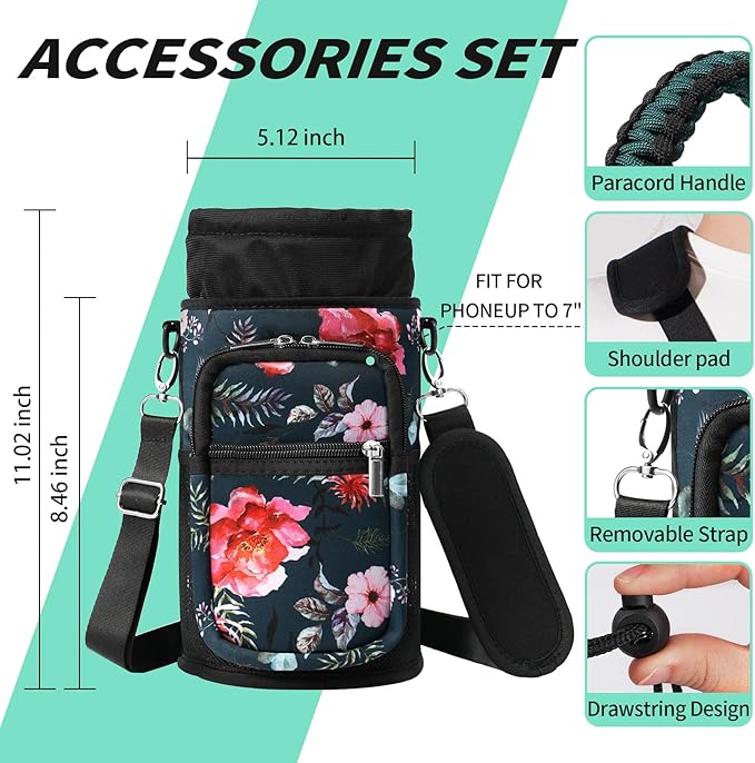 32/40/64/87/128 oz Water Bottle Carrier Bag, Neoprene Water Bottle Sleeve with 4 Pocket, Sport Water Holder with Paracord Handle and Shoulder Strap for Walking Hiking Camping Gym