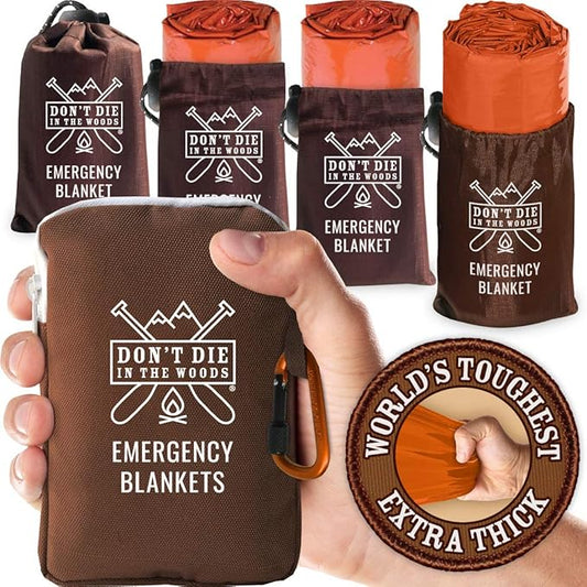 Don't Die In The Woods - Extra Thick Emergency Blankets [4-Pack] World’s Toughest Thermal Mylar Space Blanket | Outdoor Survival Gear for Hiking Camping First Aid Kit (Orange)