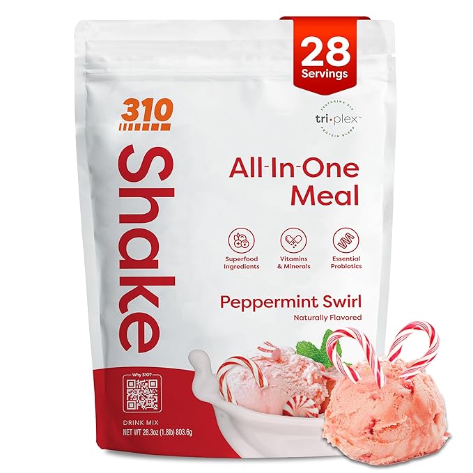 310 Nutrition All-In-One Meal Replacement Shake Powder - Plant-Based Protein Protein Powder with High-Fiber, Probiotics, Digestive Enzymes & Adaptogens - Low Carb Vegan Keto Friendly Superfoods Smoothie - Peppermint Swirl - 28 Servings