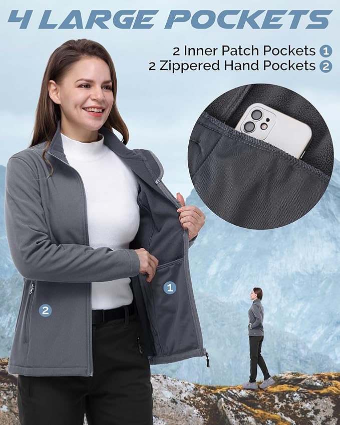 33,000ft Women's Lightweight Softshell Jacket Fleece Lined Windbreaker Waterproof Warm Jacket for Running Golf Hiking