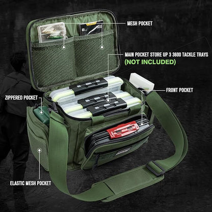 Goture Fishing Tackle Bag, Soft Side 600D Water-Resistant Cross Body Sling Fishing Bag, Small Saltwater Gear Storage Tactical Bags Store Up to 3 3600 Tackle Boxes(Not Included),14.96"x9.06"x7.48"