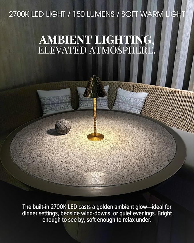Bamboo Cordless LED Table Lamp – Rechargeable 24-Hour Battery, Dimmable Warm Light, 15" Portable Wireless Lamp with Remote for Indoor/Outdoor Use, Home, Patio, Restaurant – Textured Gold