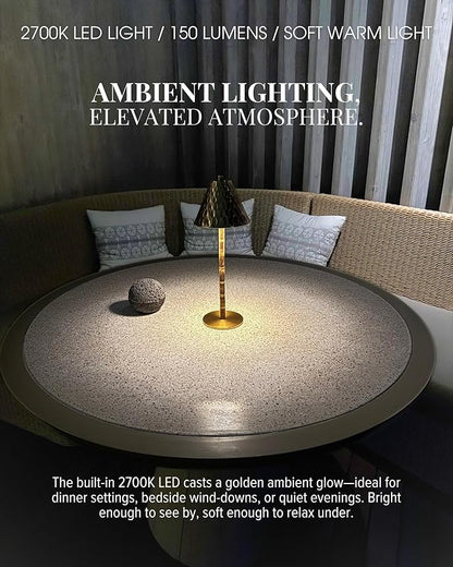 Bamboo Cordless LED Table Lamp – Rechargeable 24-Hour Battery, Dimmable Warm Light, 15" Portable Wireless Lamp with Remote for Indoor/Outdoor Use, Home, Patio, Restaurant – Textured Gold