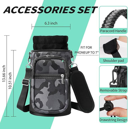 32/40/64/87/128 oz Water Bottle Carrier Bag, Neoprene Water Bottle Sleeve with 4 Pocket, Sport Water Holder with Paracord Handle and Shoulder Strap for Walking Hiking Camping Gym