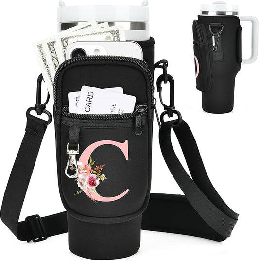 Initial Water Bottle Holder with Strap for Stanley 40 oz Tumbler/Simple Modern 40 oz Tumbler,Water Bottle Carrier Bag with Strap,Personalized A-Z Phone Pocket for Stanley Cup Accessories