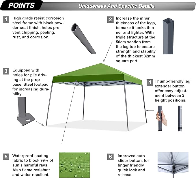 ABCCANOPY Stable Pop up Outdoor Canopy Tent 12 x 12 ft Base / 10 x 10 ft Top, Grass Green