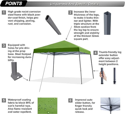 ABCCANOPY Stable Pop up Outdoor Canopy Tent 12 x 12 ft Base / 10 x 10 ft Top, Grass Green