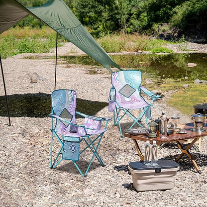 Nazhura 2 Pack Folding Camping Chair with Cooler Pouch, Mesh Backrest and Cup Holder Pocket (Flower, 2 Pack)