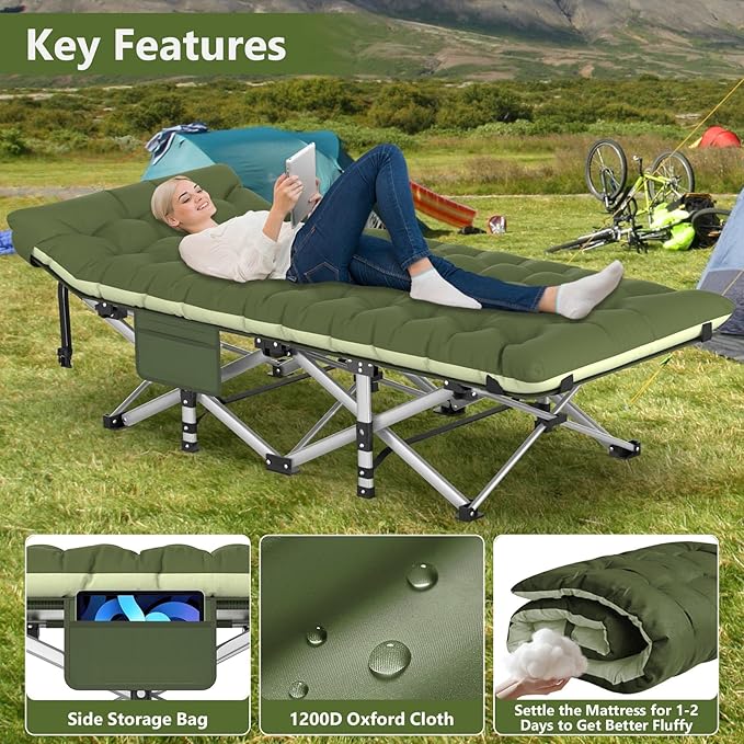 Slendor Folding Camping Cot for Adults, Heavy Duty 1200D Oxford Camping Bed with 3.5in Thick Mattress, 500lbs Max Load, Portable Foldable Outdoor Cot for Camping, Travel, Home Guest, Office Nap