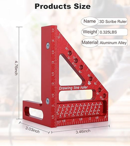 TRZZ 3D Multi-Angle Measuring Ruler, Precision Woodworking Carpenter Square for 0-90° Angles, Aluminum Alloy Tool for Engineering, Construction, and DIY Projects (Red)