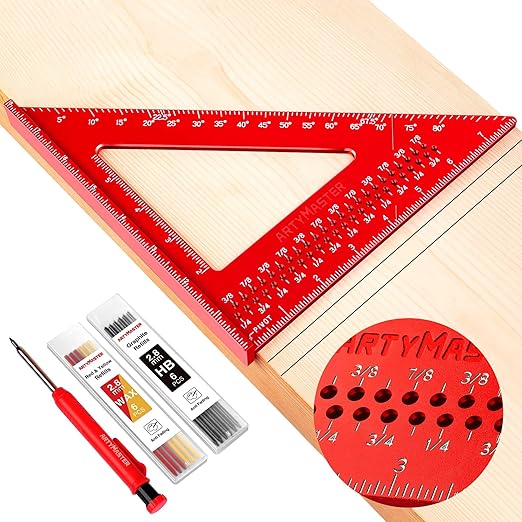 8 inch Carpenter Square, 1/16" Precision Hole Scribing Square Tools, 0-90° Aluminum Alloy Rafter Square, Woodworking Square & Carpenter Pencils 12 Refills