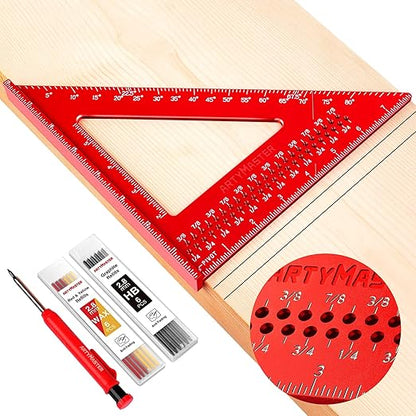8 inch Carpenter Square, 1/16" Precision Hole Scribing Square Tools, 0-90° Aluminum Alloy Rafter Square, Woodworking Square & Carpenter Pencils 12 Refills