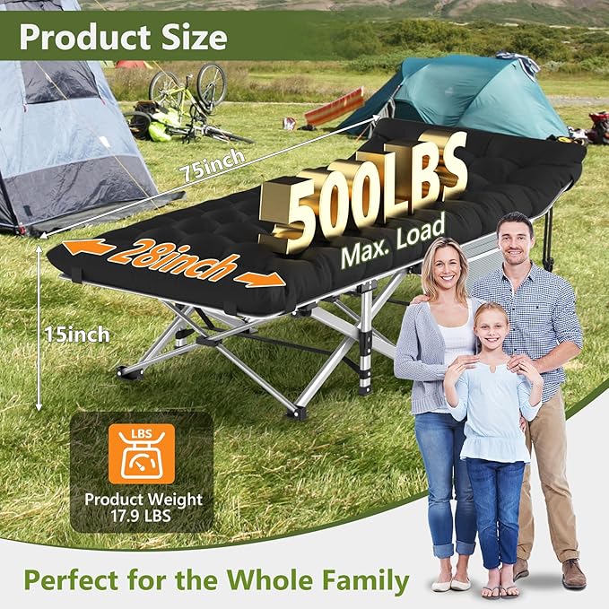 Slendor Folding Camping Cot Black, Sleeping Cot for Adults with Carry Bag, Mattress, 1200D Layer Oxford Portable Camp Bed Cot Bed for Guest Travel Office Beach